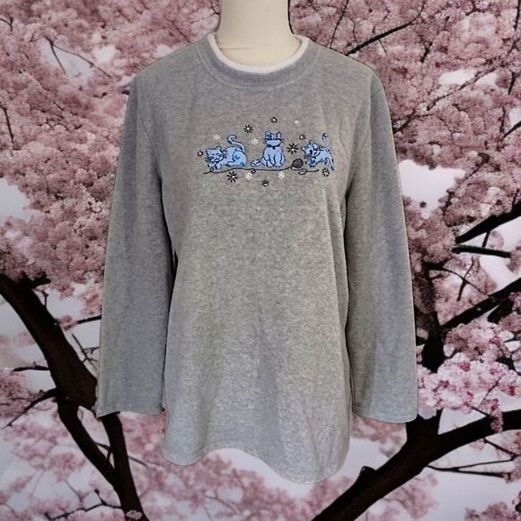 Vintage 80s Cat Lady Fleece Top M Sweatshirt Pullover Granny Kittens Playing 90s - Picture 14 of 16